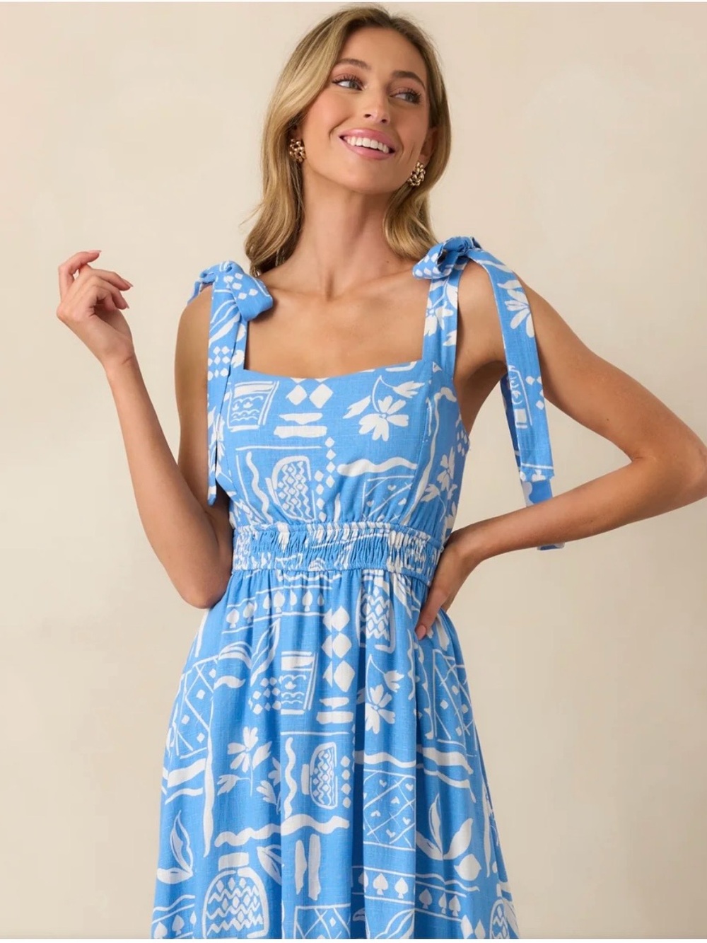 Blue and White Tropical Print Tie-Strap Sundress,By the River.
